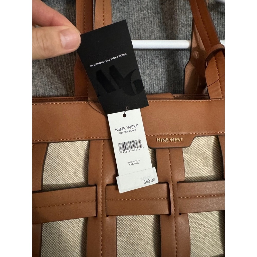 NWOT Nine West Sutton Place Tote Bag Caramel Canvas Woven Cage WGN111623 - Picture 4 of 14